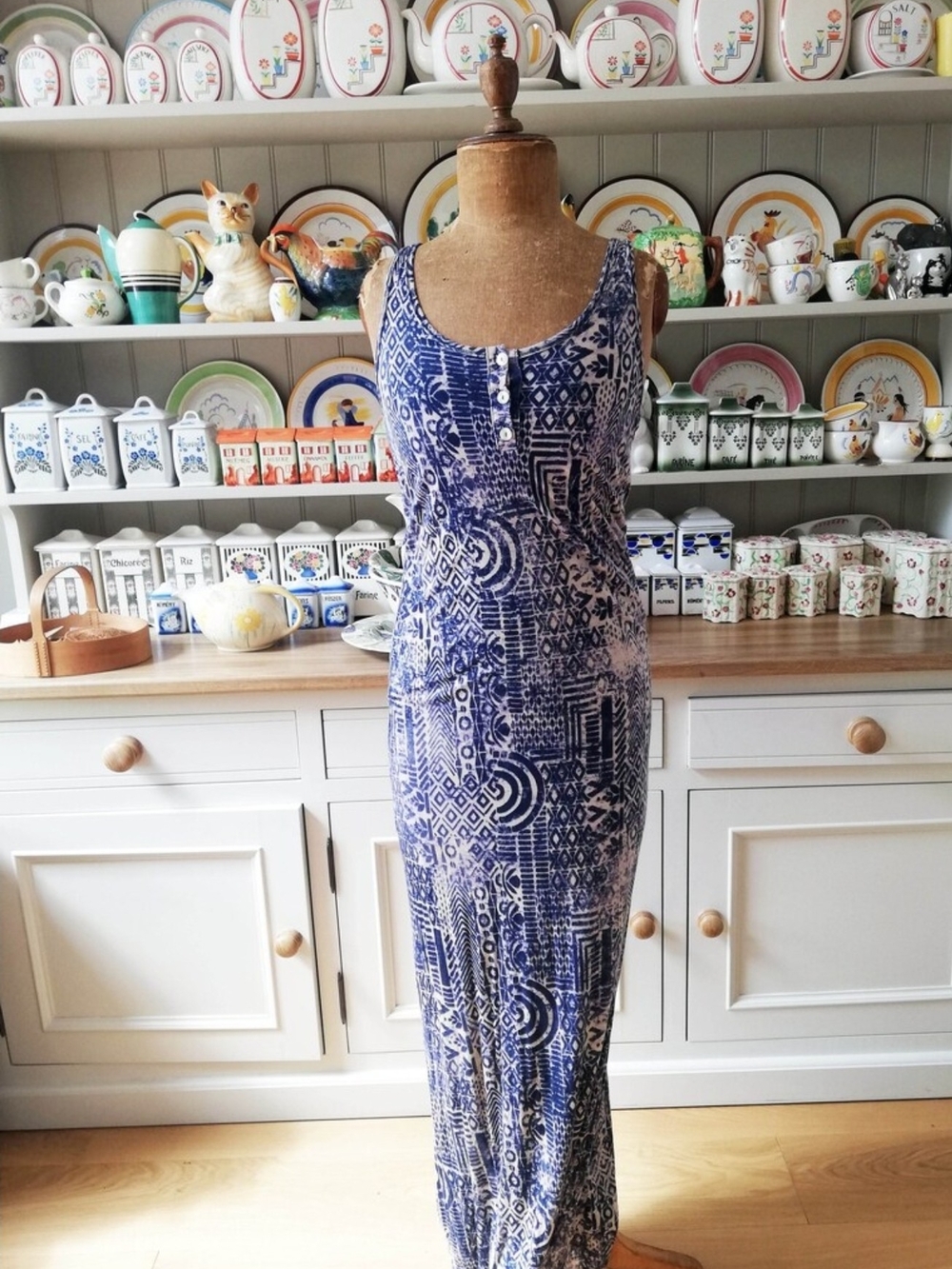 Anthropologie Lilka maxi summer beach dress. Blue and cream Ikat pattern
